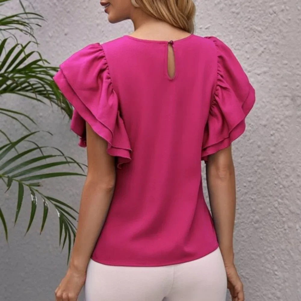PINK Butterfly Ruffle Sleeve Blouse Minimalist Neu - Picture 4 of 5